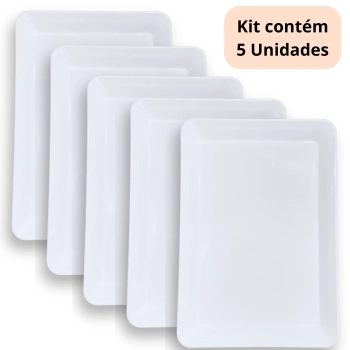 Kit 5 Travessas 40 Cm Prato Retangular para Buffet Restaurante Cozinha Melamina Premium Profissional Branca