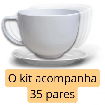 Kit 35 Pratos de Sobremesa 17,5 Cm Branco + 35 Canecas Xcara para Sopa 700 Ml Jumbo Melamina/Plstico