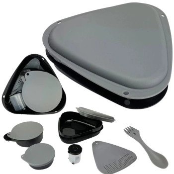 Kit Bolsa para Caminhada Cinza Ioio Ntk + 6 Utenslios de Cozinha Camping Incluindo Prato Garfo e Copo