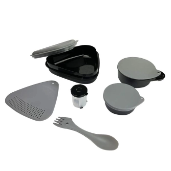 Kit Bolsa para Caminhada Cinza Ioio Ntk + 6 Utenslios de Cozinha Camping Incluindo Prato Garfo e Copo