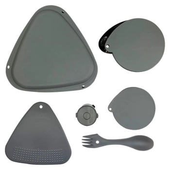 Kit Bolsa para Caminhada Cinza Ioio Ntk + 6 Utenslios de Cozinha Camping Incluindo Prato Garfo e Copo