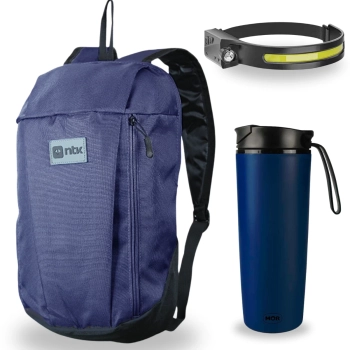 Kit Bolsa para Caminhada Azul Ntk Ioio + Lanterna de Cabea com Sensor + Copo Ao Inox Antiqueda Azul