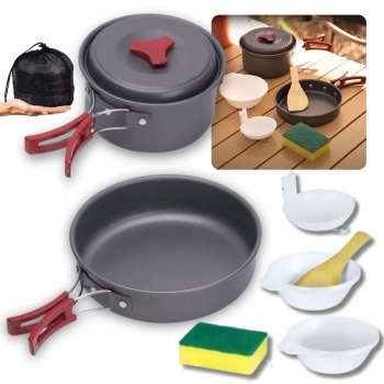 Kit Galo Colapsvel Recipiente de gua Dobrvel 10l + Jogo de Panelas Camp 2 Ntk 7 Peas Camping e Pesca