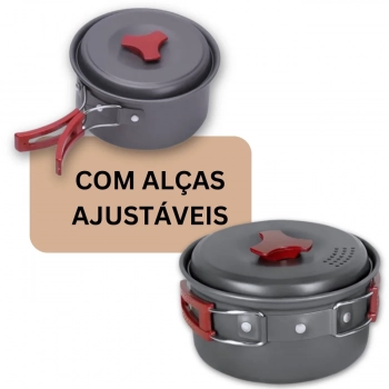 Kit Galo Colapsvel Recipiente de gua Dobrvel 10l + Jogo de Panelas Camp 2 Ntk 7 Peas Camping e Pesca