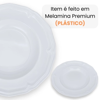 Kit Conjunto de 6 Pratos Fundos Branco 22,5 Cm Borda Decorada Delicada em Melamina / Plstico Premium