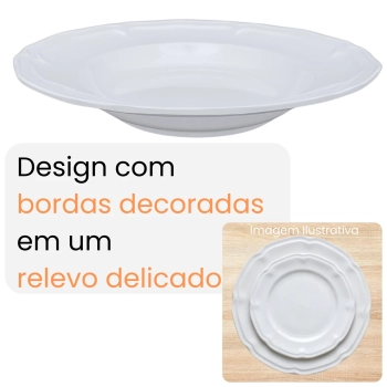 Kit Conjunto de 6 Pratos Fundos Branco 22,5 Cm Borda Decorada Delicada em Melamina / Plstico Premium