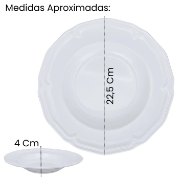 Kit Conjunto de 6 Pratos Fundos Branco 22,5 Cm Borda Decorada Delicada em Melamina / Plstico Premium