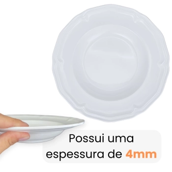 Kit Conjunto de 6 Pratos Fundos Branco 22,5 Cm Borda Decorada Delicada em Melamina / Plstico Premium