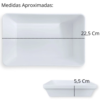 Travessa Tigela 22,5 Cm Retangular para Buffet Restaurante Cozinha Melamina Premium Profissional Branca