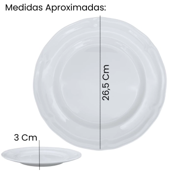 Kit Conjunto de 4 Pratos Rasos Brancos 26,5 Cm Borda Decorada Delicada em Melamina / Plstico Premium