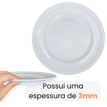 Kit Conjunto de 4 Pratos Rasos Brancos 26,5 Cm Borda Decorada Delicada em Melamina / Plstico Premium