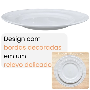 Kit Conjunto de 6 Pratos Rasos Brancos 26,5 Cm Borda Decorada Delicada em Melamina / Plstico Premium