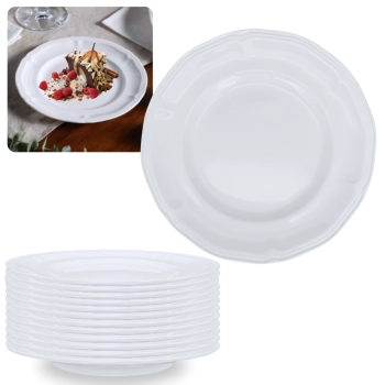 Kit Conjunto de 12 Pratos de Sobremesa Brancos 17 Cm Borda Decorada Delicada em Melamina / Plstico Premium