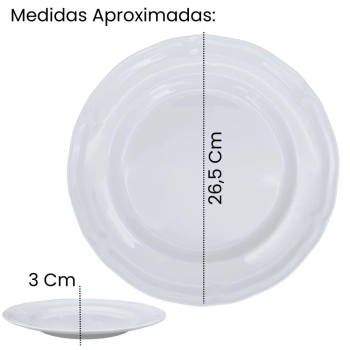 Conjunto de 6 Pratos Fundos Branco 22,5 Cm + 6 Pratos Rasos 26,5 Borda Delicada Melamina / Plstico