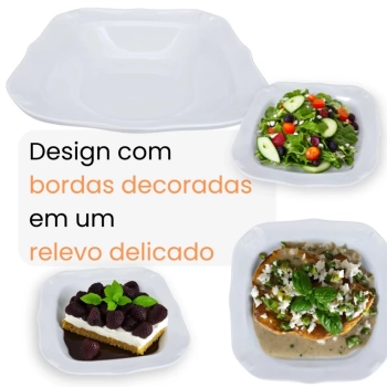 Kit Conjunto 4 Pratos Fundos 22,5 Cm + 2 Tigelas Quadradas 250 Ml com Bordas Delicadas em Melamina / Plstico