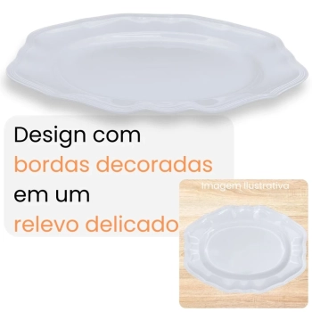 Kit Conjunto 6 Pratos Fundos 22,5 Cm + 2 Travessas 36 Cm Rasas com Bordas Delicadas em Melamina / Plstico