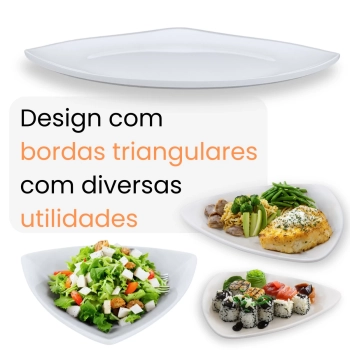 Kit 6 Pratos Rasos Brancos 21,6 Cm Triangular + Saladeira Centro de Mesa Melamina / Plstico