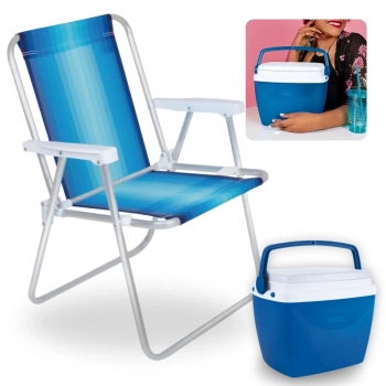 Kit Cadeira de Praia Aluminio Alta + Caixa Termica Azul Pequena 6 L para Passeios Ao Ar Livre