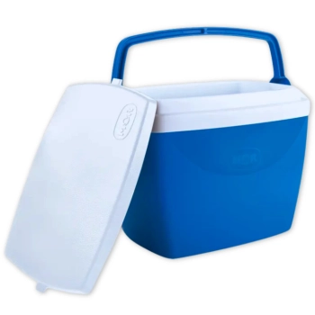 Kit 2 Banquetas Aluminio Dobrveis + Caixa Termica Azul Pequena 6 L para Passeios Ao Ar Livre