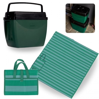 Kit Esteira de Praia Casal com Ala 2,0 X 1,5 M + Cooler Caixa Termica Verde 18 Litros