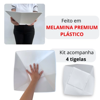 Kit 4 Tigelas Quadradas Geomtrica 32,5 Cm Branca Grandes para Buffet / Restaurante Profissional Melamina Premium