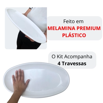 Kit 4 Travessas Prato Oval 45,5 Cm para Buffet Restaurante Cozinha Melamina Premium Profissional Branca Rasa