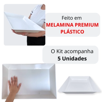 Kit 5 Travessas de 49 Cm Retangulares Funda para Buffet Restaurante Profissional Melamina Premium Branca