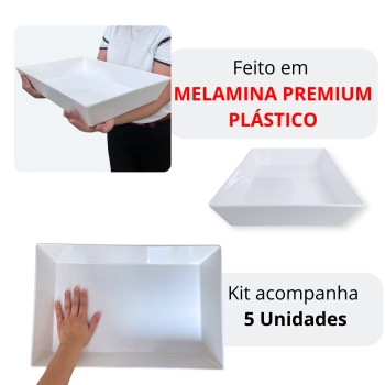 Kit 5 Travessas de 44,7 Cm Retangular Funda para Buffet Restaurante Profissional Melamina Premium Branca