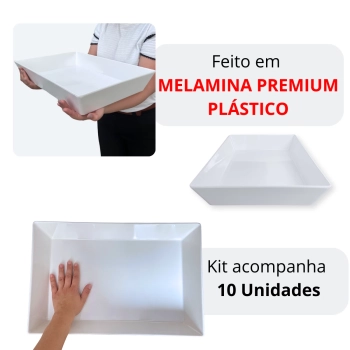 Kit 10 Travessas de 44,7 Cm Retangular Funda para Buffet Restaurante Profissional Melamina Premium Branca