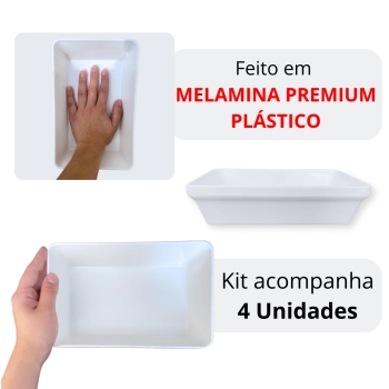 Kit 4 Travessas Tigelas 22,5 Cm Retangular para Buffet Restaurante Cozinha Melamina Premium Profissional Branca