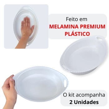 Kit com 2 Tigelas 1,3 Litros Branca Ovais com Ala 27,7 Cm Ondulada Melamina Premium