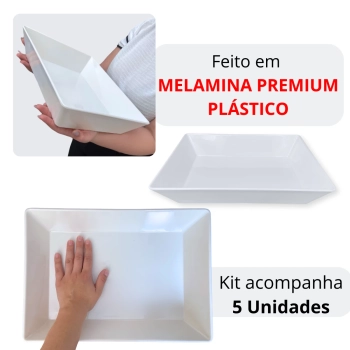 Kit 5 Tigelas de 35 Cm Retangular Funda para Buffet Restaurante Profissional Melamina Premium Branca