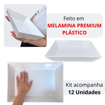 Kit 12 Tigelas de 35 Cm Retangular Funda para Buffet Restaurante Profissional Melamina Premium Branca