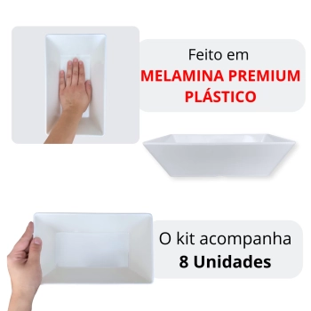 Kit 8 Travessas 25 Cm Retangulares Fundas para Buffet Restaurante Profissional Melamina Premium Branca