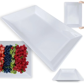 Kit Travessa Retangular Funda 49 Cm para Buffet + 2 Tigelas Quadradas Geomtrica 32,5 Cm