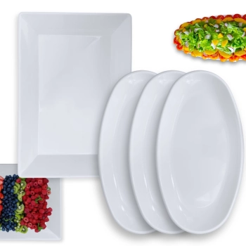 Kit 3 Travessas Ovais 45,5 Cm para Buffet Rasas + Travessa Retangular Funda 44,7 Cm Restaurante Melamina Profissional