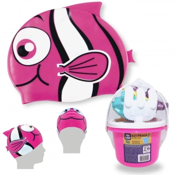 Kit Touca Infantil de Peixinho Rosa + Baldinho de Praia / Brinquedo de Praia com 8 Peas Rosa