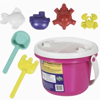 Kit Cadeira de Praia Infantil Rosa + Caixa Termica 6 Litros Rosa + Baldinho de Praia com 8 Peas Rosa