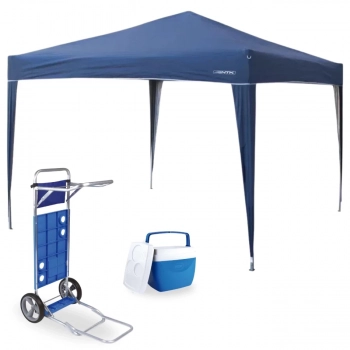 Kit Gazebo Tenda Articulada Trixx 3x3 M + Caixa Trmica 12 Litros + Carrinho de Praia com Avano