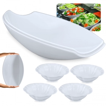 Kit 2 Travessas para Buffet Salada 41cm Curva Funda + Tigelas Ovais Flor 650ml Melamina para Restaurante