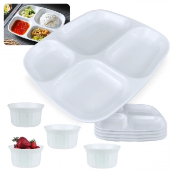 Kit 4 Bandejas Restaurante Refeitrio Self Service + 4 Ramequim 150ml Sobremesa Melamina Premium