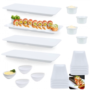 Kit 4 Travessas Retas 27cm + 10 Pratos 17,8cm + 4 Molheiras Gota + 4 Ramequins 150ml para Comida Japonesa