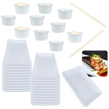 Kit 20 Pratos para Sushi 17,8cm + 10 Ramequins / Molheira 150ml + 30 Pares Hashi Bambu Comida Japonesa