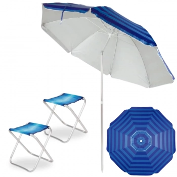 Kit Guarda Sol 2,40 M Articulado Azul Fps 100 + 2 Banquetas Dobrveis Alumnio Praia / Camping