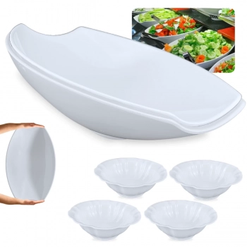 Kit 2 Travessas para Buffet Salada 46cm Curva Funda + Tigelas Ovais Flor 650ml Melamina para Restaurante