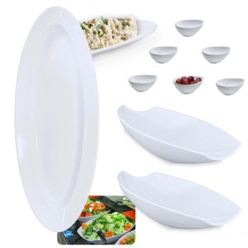 Kit Travessa Oval Buffet 60cm + 2 Travessas Curva Fundas 46cm + 6 Molheiras Formato Gota em Melamina