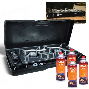 Kit Fogareiro Etna Porttil 2 Bocas Horizontal Ao Inox Ntk + 4 Cartuchos de Gs Kala Viagem Camping Pesca