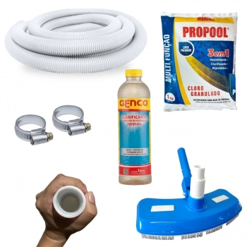 Kit Aspirador para Piscinas + Mangueira 32mm 2 Mts+ Clarificante 1l + Cloro Granulado 3 em 1 Manuteno