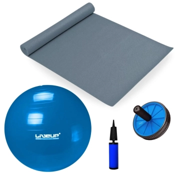 Kit Bola Suia 65cm + Mini Bomba + Colchonete Eva 4mm Cinza + Roda Abdominal para Exerccio Pilates