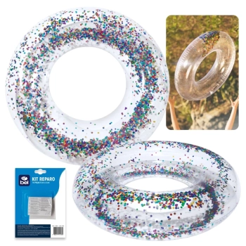 Kit 2 Boias Inflveis Circular 80cm com Glitter Colorido Carnaval Mor + Kit Reparo de Inflveis